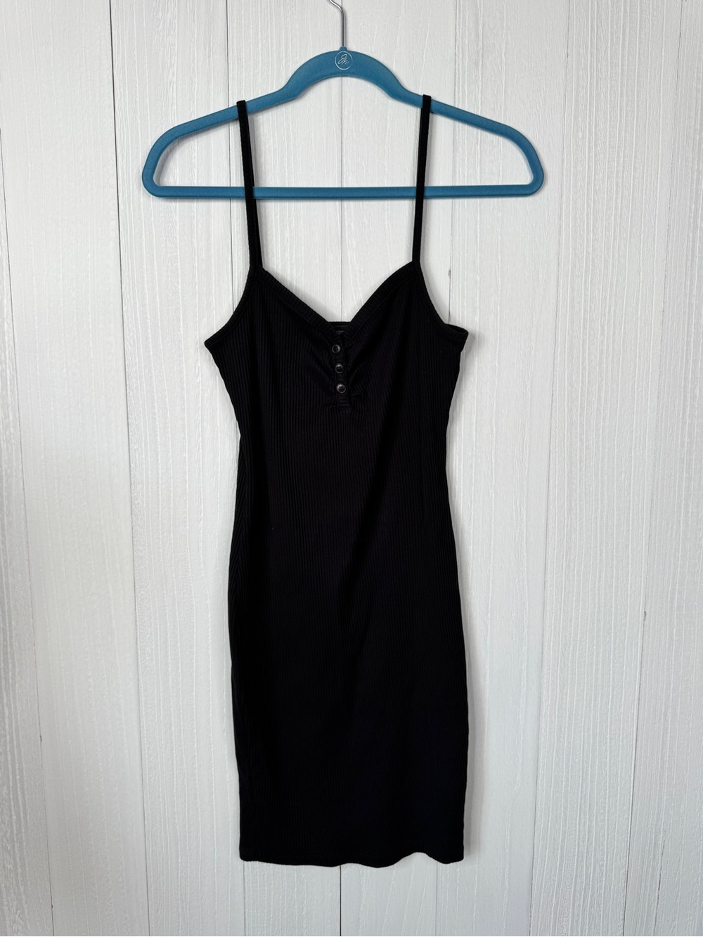FB Sister Black Ribbed Button-Front Spaghetti Strap Mini Dress M